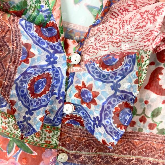 NWOT ZARA Top S Patchwork Jacquard Floral Print Chiffon Ruffle V Balloon-Long-Sl - Picture 7 of 12